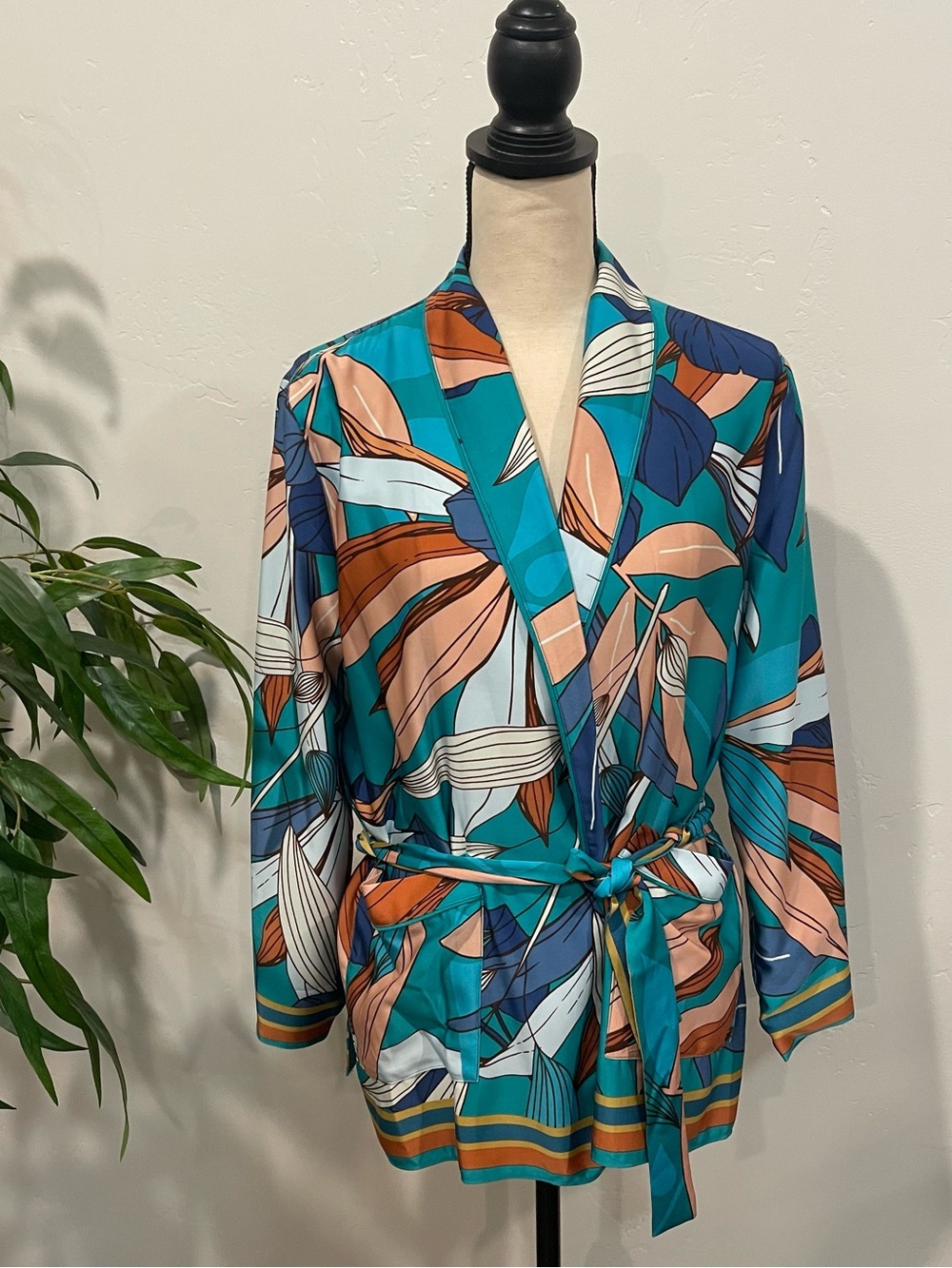Nine West Teal Tropical Leaf Print Kimono Wrap Jacket Size S New With Tags